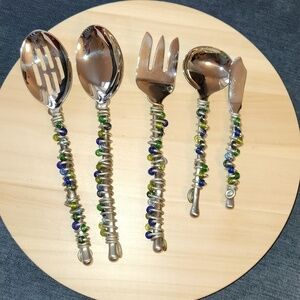 Hand beaded and wire wrapped   silverware serving set pieces